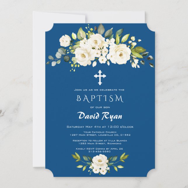 Vita blommor Classic Blue Boy Baptism Inbjudningar (Framsida)
