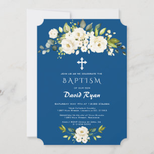 Vita blommor Classic Blue Boy Baptism Inbjudningar