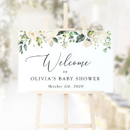 Vita blommor, Cream Flowers, Baby Shower Welcome Poster