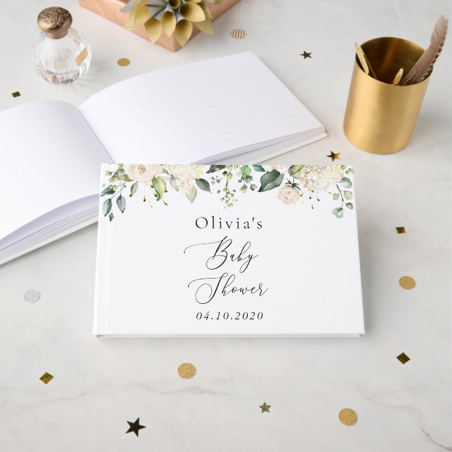 Vita blommor, Cream Flowers, Boho, Baby Shower Gästböcker (Framsida öppen)