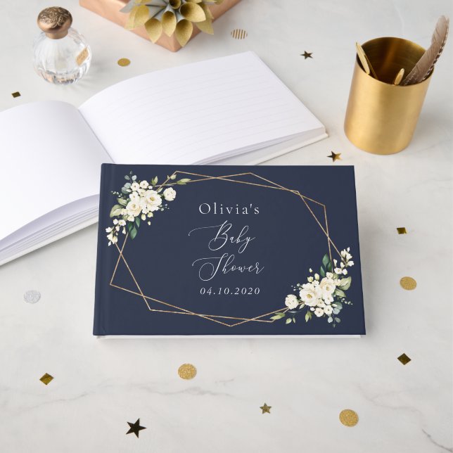 Vita blommor, Cream Flowers, Boho, Baby Shower Gästböcker (Framsida öppen)