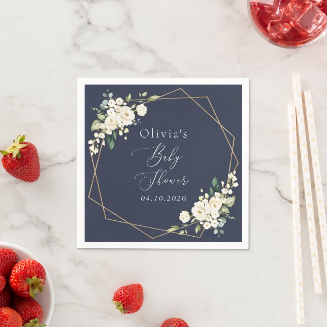 Vita blommor, Cream Flowers, Boho, Baby Shower Pappersservett (Insitu)