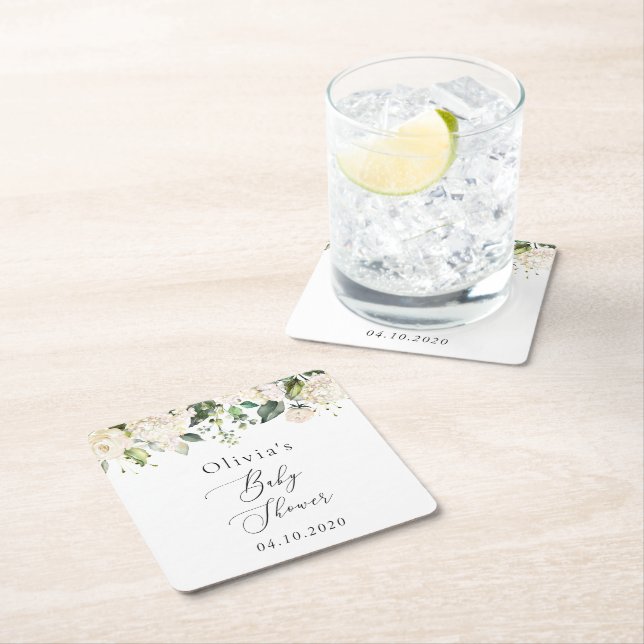 Vita blommor, Cream Flowers, Boho, Baby Shower Underlägg Papper Kvadrat (Insitu)