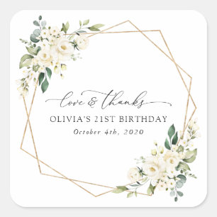 Vita blommor, Cream Flowers, Boho, Birthday Fyrkantigt Klistermärke