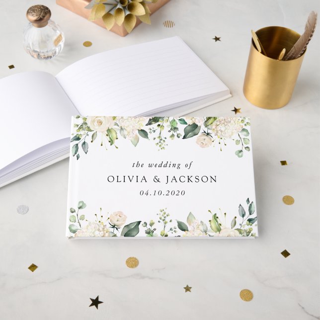 Vita blommor, Cream Flowers, Greenery, Bröllop Gästböcker (Framsida öppen)