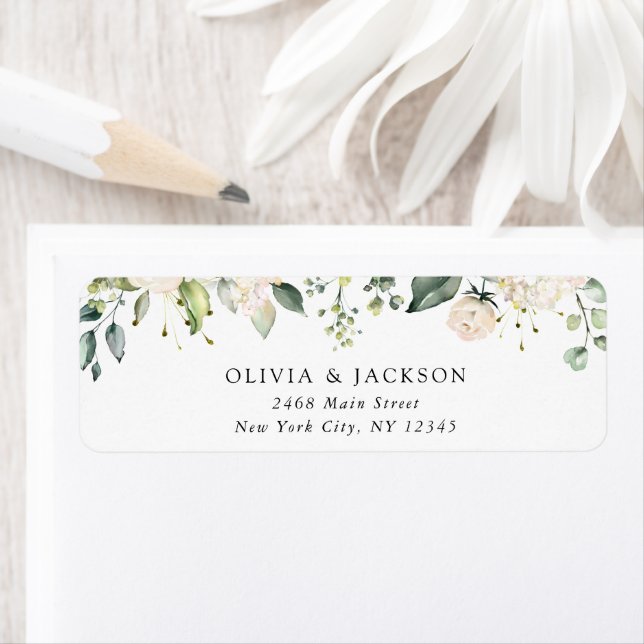 Vita blommor, Cream Flowers, Greenery, Bröllop Returadress Etikett (Insitu)