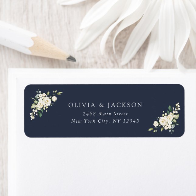 Vita blommor, Cream Flowers, Greenery, Bröllop Returadress Etikett (Insitu)