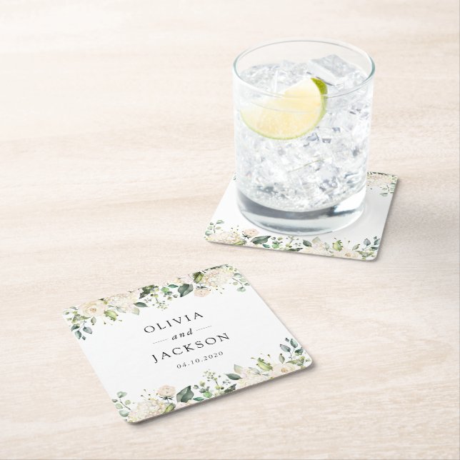 Vita blommor, Cream Flowers, Greenery, Bröllop Underlägg Papper Kvadrat (Insitu)