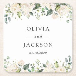 Vita blommor, Cream Flowers, Greenery, Bröllop Underlägg Papper Kvadrat