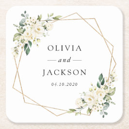 Vita blommor, Cream Flowers, Greenery, Bröllop Underlägg Papper Kvadrat