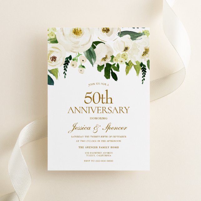 Vita blommor & Crème 50-års bröllopsdag Inbjudningar (Skapare uppladdad)