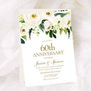 Vita blommor & Crème 60-års bröllopsjubileum Inbjudningar