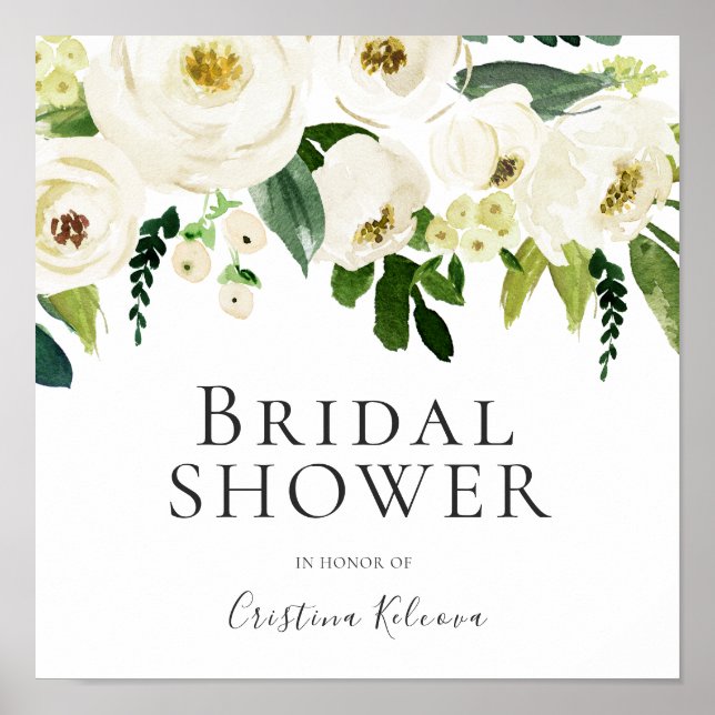 Vita blommor & Crème Elegant skylt Bröllopsdusch (Framsidan)