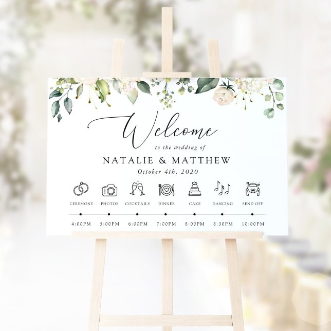 Vita blommor, Crèmefärgade blommor, Bröllopsschema Poster (Skapare uppladdad)
