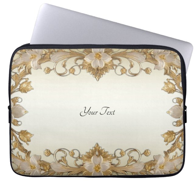 Vita blommor Decorative Guld Laptop sleeve (Framsidan)