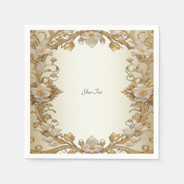 Vita blommor Decorative Guld Napkins Pappersservett (Framsidan)