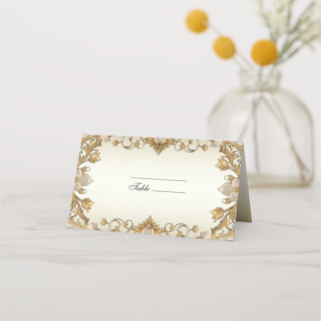 Vita blommor Deorative Guld Place Card Placeringskort (Framsida)