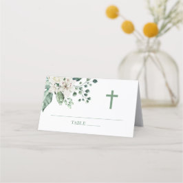 Vita blommor Eucalyptus Baptism Placeringskort