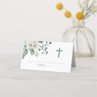 Vita blommor Eucalyptus Baptism Placeringskort