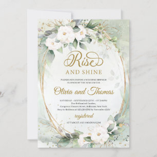 Vita blommor eukalyptus guld oval rise and shine inbjudningar
