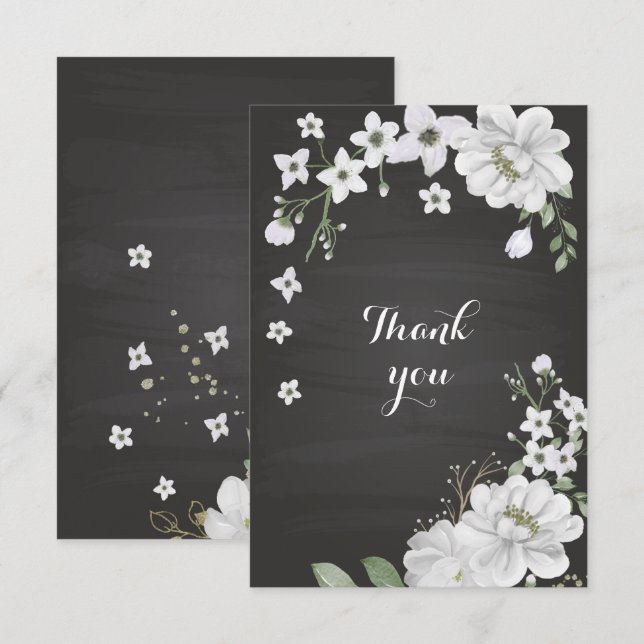 vita blommor, grön svart tack kort (Fram/baksida)