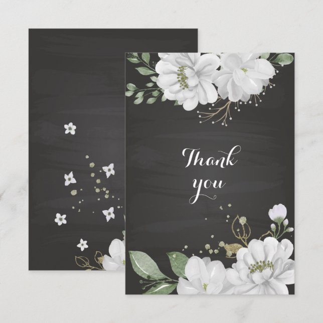 vita blommor, grön svart tack kort (Fram/baksida)