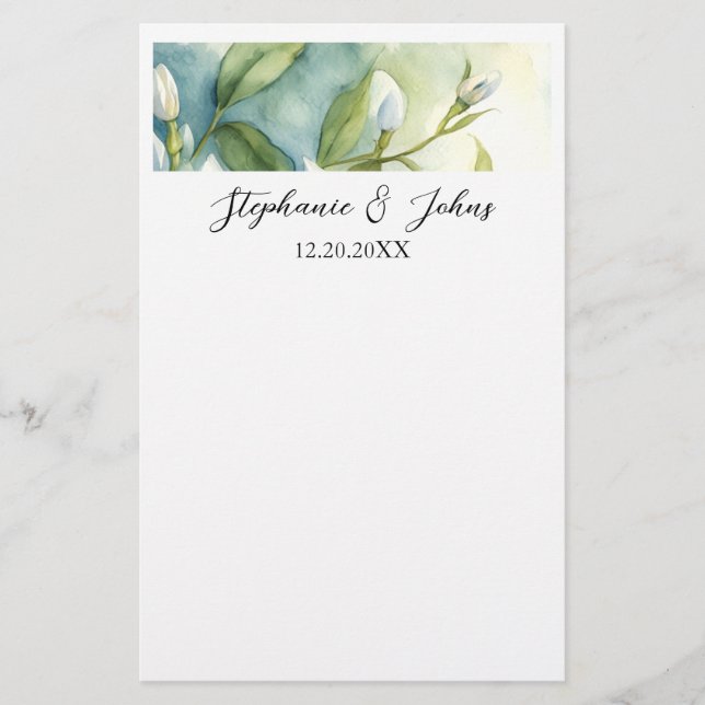 Vita Blommor Gröna Blad Elegant Rustik Bröllop Brevpapper (Framsida)