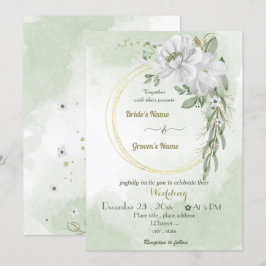 vita blommor, grönaktig, guld och bröllop inbjudningar
