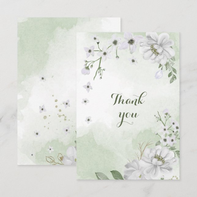 vita blommor grönska tack kort (Fram/baksida)