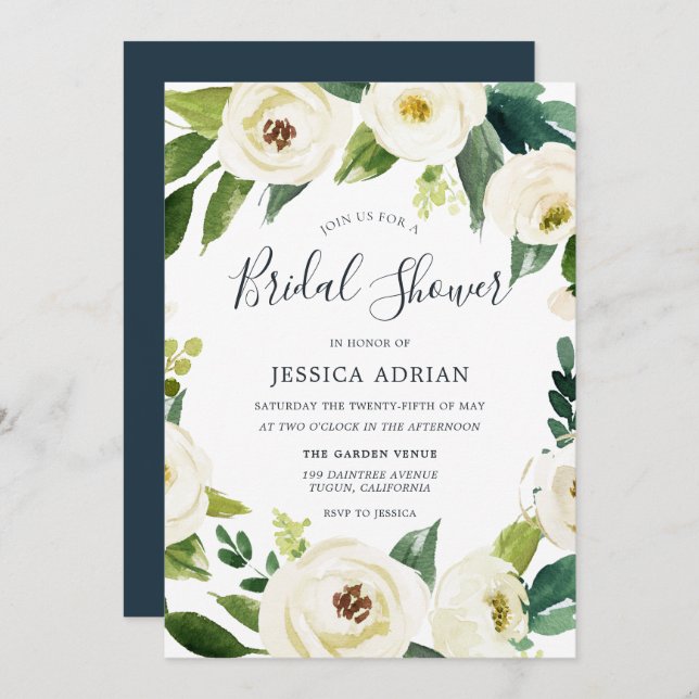 Vita blommor Grönt Utandning Möhippa Inbjudan (Fram/baksida)