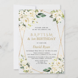 Vita blommor Guld Baptism 1:a födelsedag Party Inbjudningar