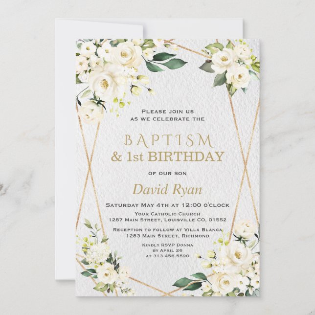 Vita blommor Guld Baptism 1:a födelsedag Party Inbjudningar (Framsida)