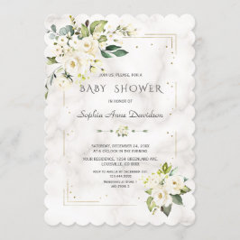 Vita blommor Guld Glitter Marble Baby Shower Inbjudningar