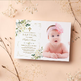 Vita blommor Guld Glitter Ram Fotodobaptism Inbjudningar
