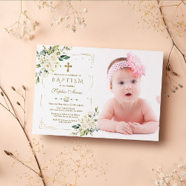 Vita blommor Guld Glitter Ram Fotodobaptism Inbjudningar