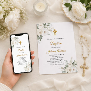 Vita blommor guld kors dop inbjudningar