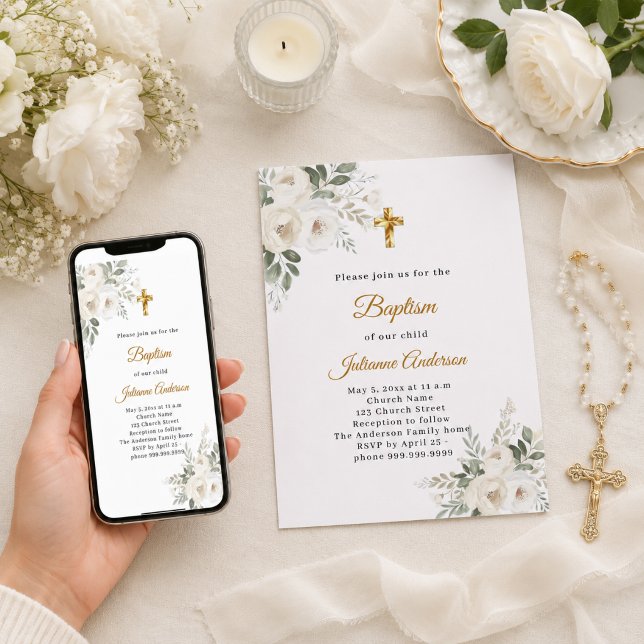 Vita blommor guld kors dop inbjudningar (Skapare uppladdad)