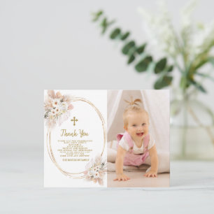 Vita blommor Guld Photo Girl Baptism 1:a födelseda Tack Kort