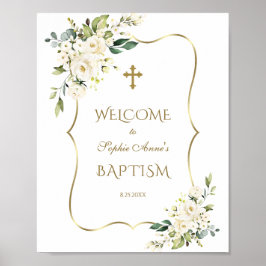 Vita blommor Guld Ram-baptism Välkomstecken Poster