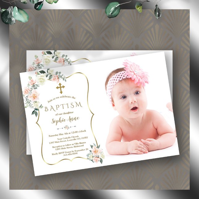 vita blommor Guld Ram fotodobaptism Inbjudningar (white pink flowers baptism, trendy floral gold girl photo baptism, blush white floral photo baptism)