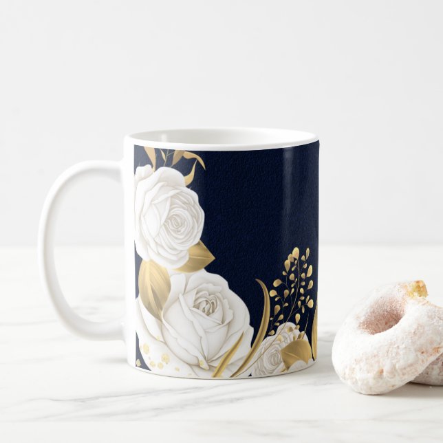 vita blommor guldblad marinblå kaffemugg (Med munk)