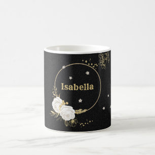 vita blommor guldblad svarta kaffemugg