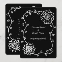 Vita blommor Hjärtan på svarta bröllopsinbjudninga