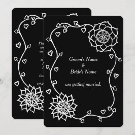 Vita blommor Hjärtan på svarta bröllopsinbjudninga Inbjudningar