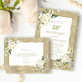 Vita blommor i Guld 50:e födelsedagen Inbjudningar