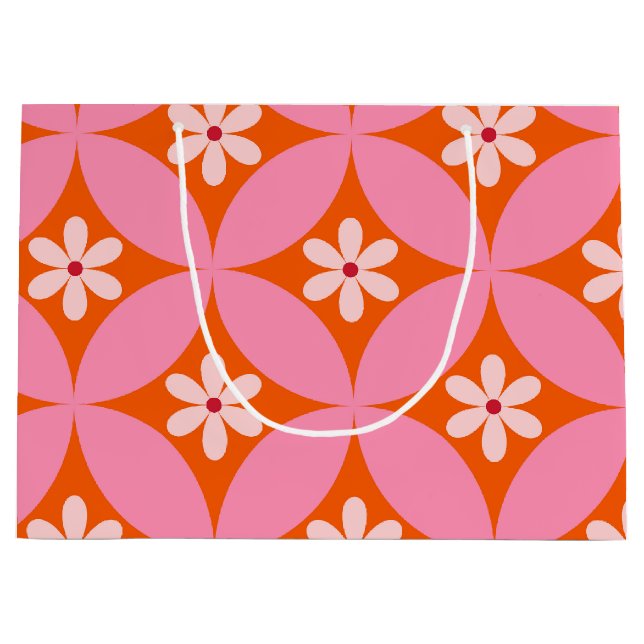 Vita blommor i Mid Century Rosa Circles Mönster (Framsidan)