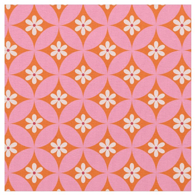 Vita blommor i Mid Century Rosa Circles Mönster Tyg (Närbild)