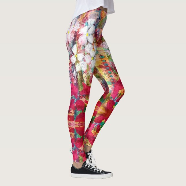 Vita blommor i Rosa Pot Leggings (Höger)