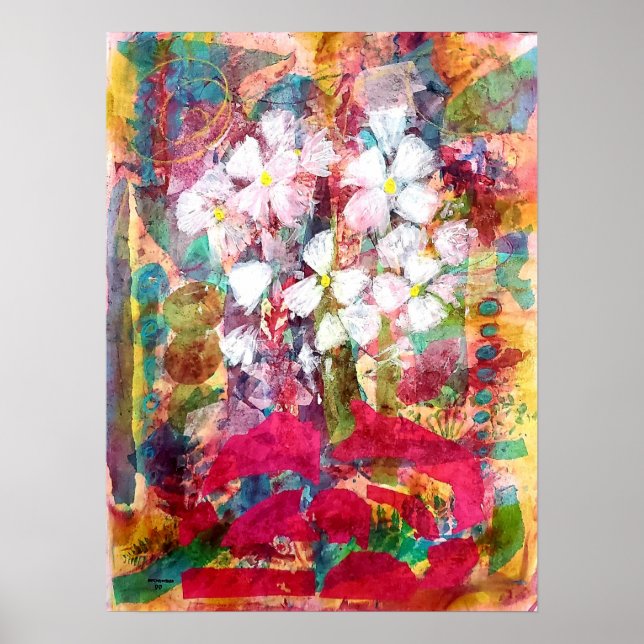Vita blommor i Rosa Pot-Poster Skriv ut Poster (Framsidan)