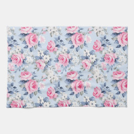 Vita blommor i rosa ros mönster kökshandduk